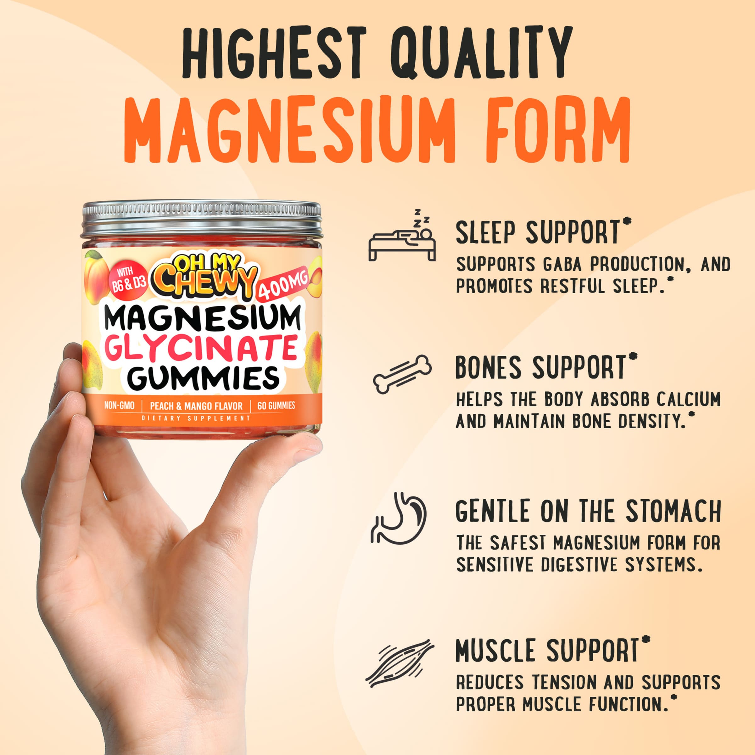 Hand holding Oh My Chewy Magnesium Glycinate Gummies 400mg — peach & mango flavor, highlighting sleep, bone, stomach, and muscle support benefits.