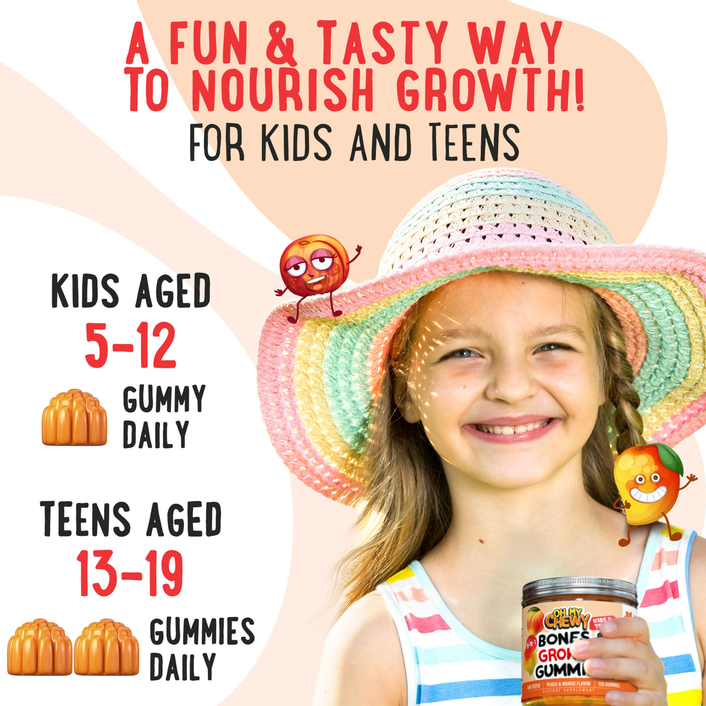 Smiling child holding Oh My Chewy Bones & Growth, Height gummies — peach and mango flavored vitamins for kids and teens that support healthy growth and bones.