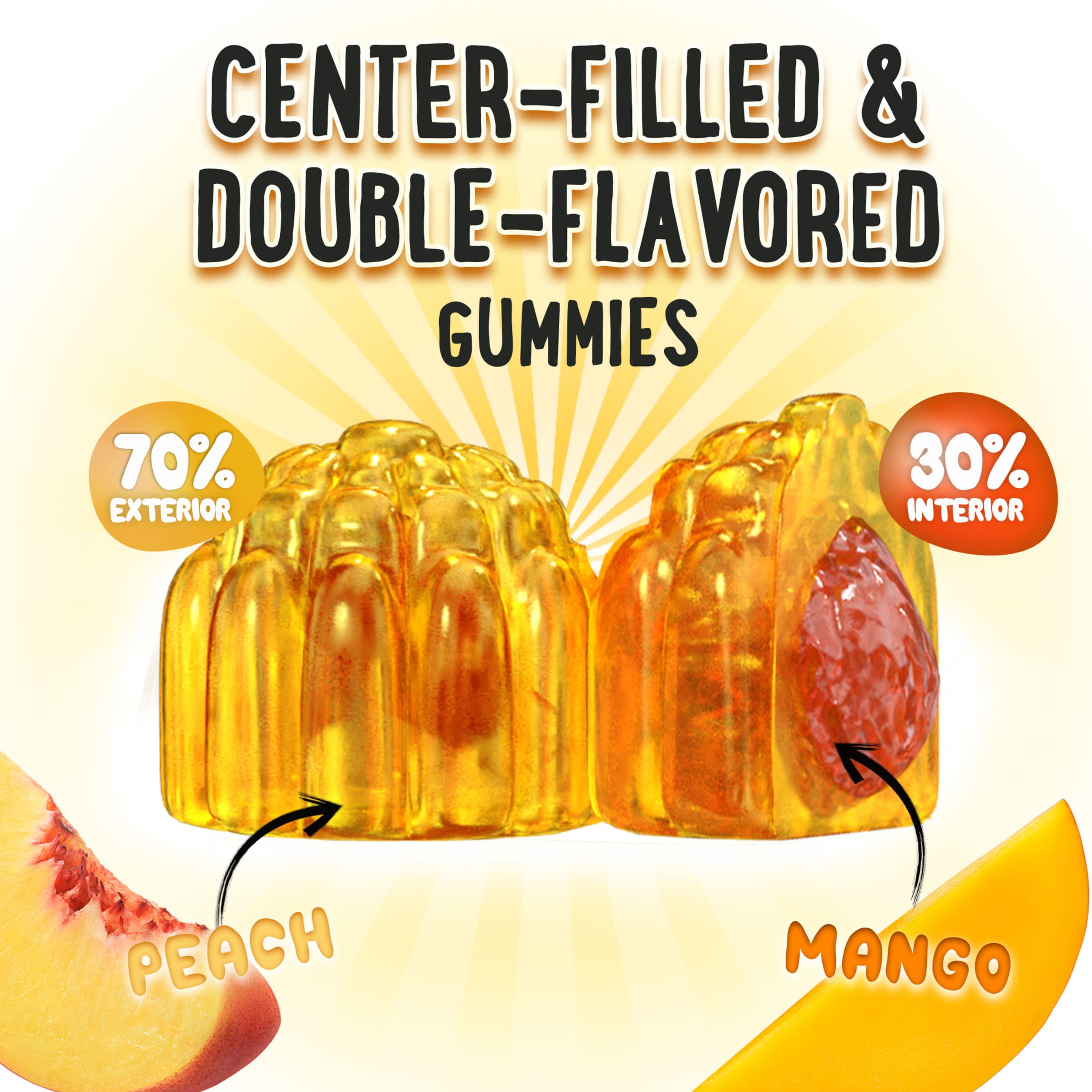 Oh My Chewy Magnesium Glycinate gummies 400mg with peach and mango flavors — center-filled, double-flavored vitamins for calm, sleep, and muscle support.