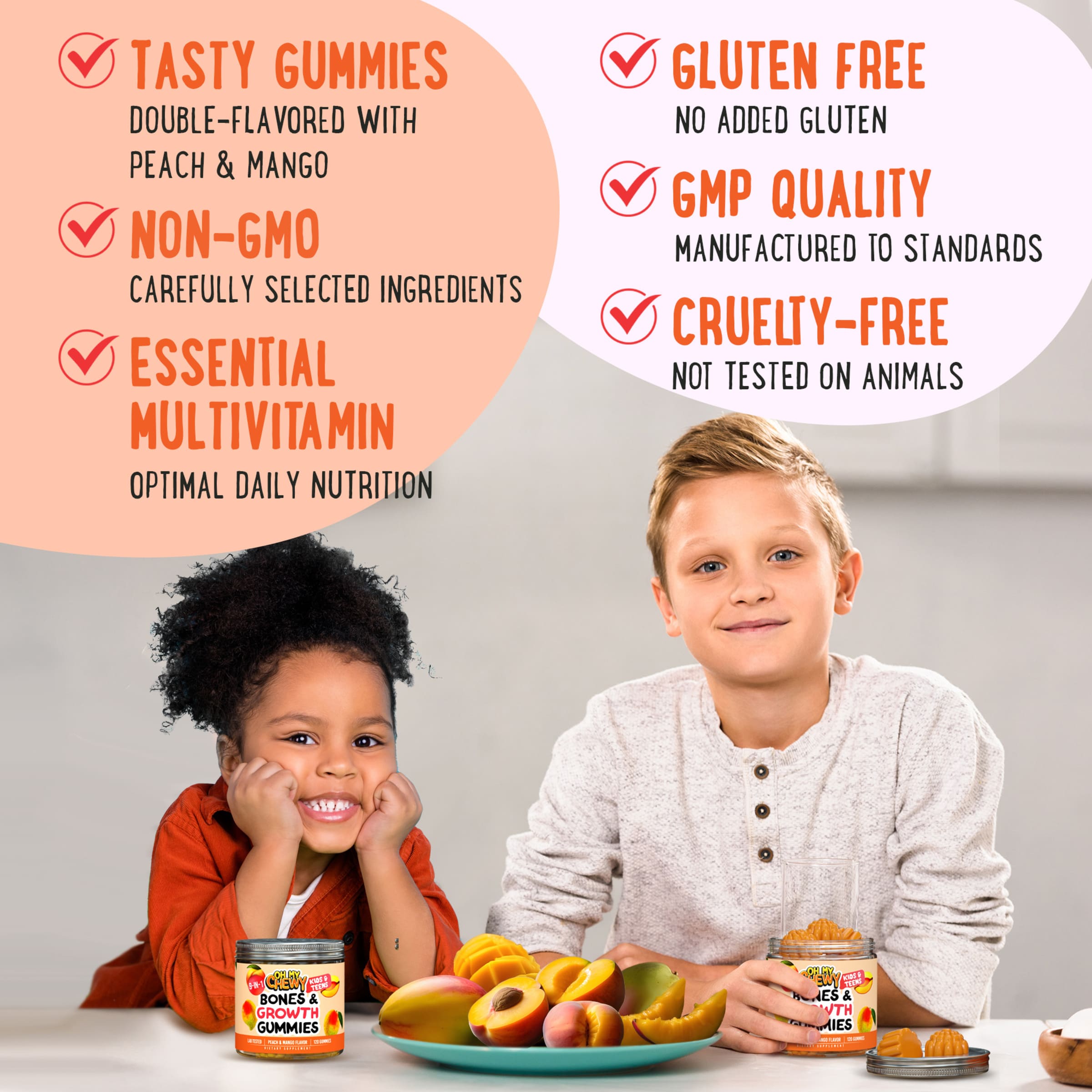 Two kids enjoying Oh My Chewy Bones & Growth gummies — peach and mango flavored, non-GMO, gluten-free, cruelty-free vitamins made to GMP quality standards.