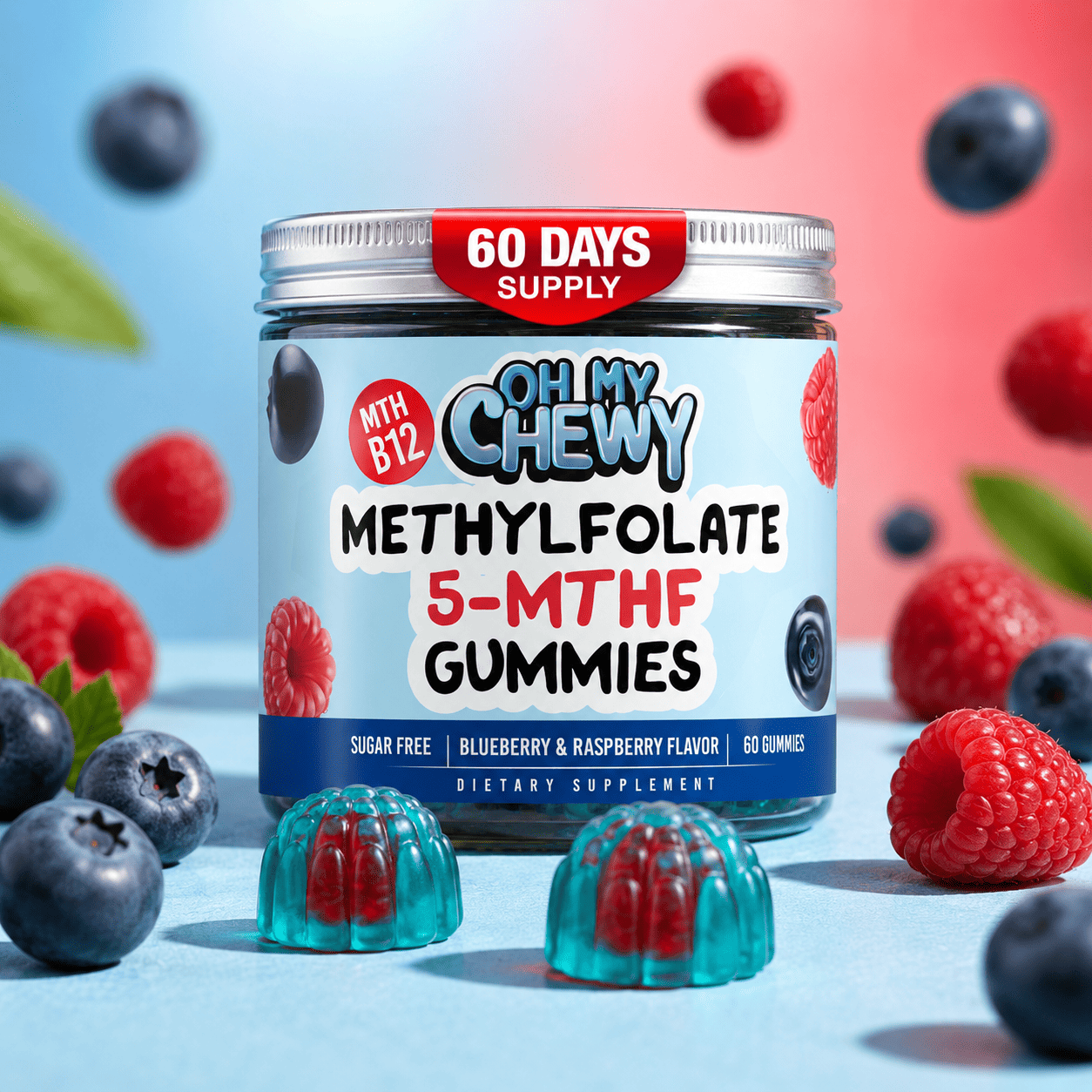 5-MTHF methylfolate gummies blueberry raspberry flavor with center-filled gummies by Oh My Chewy