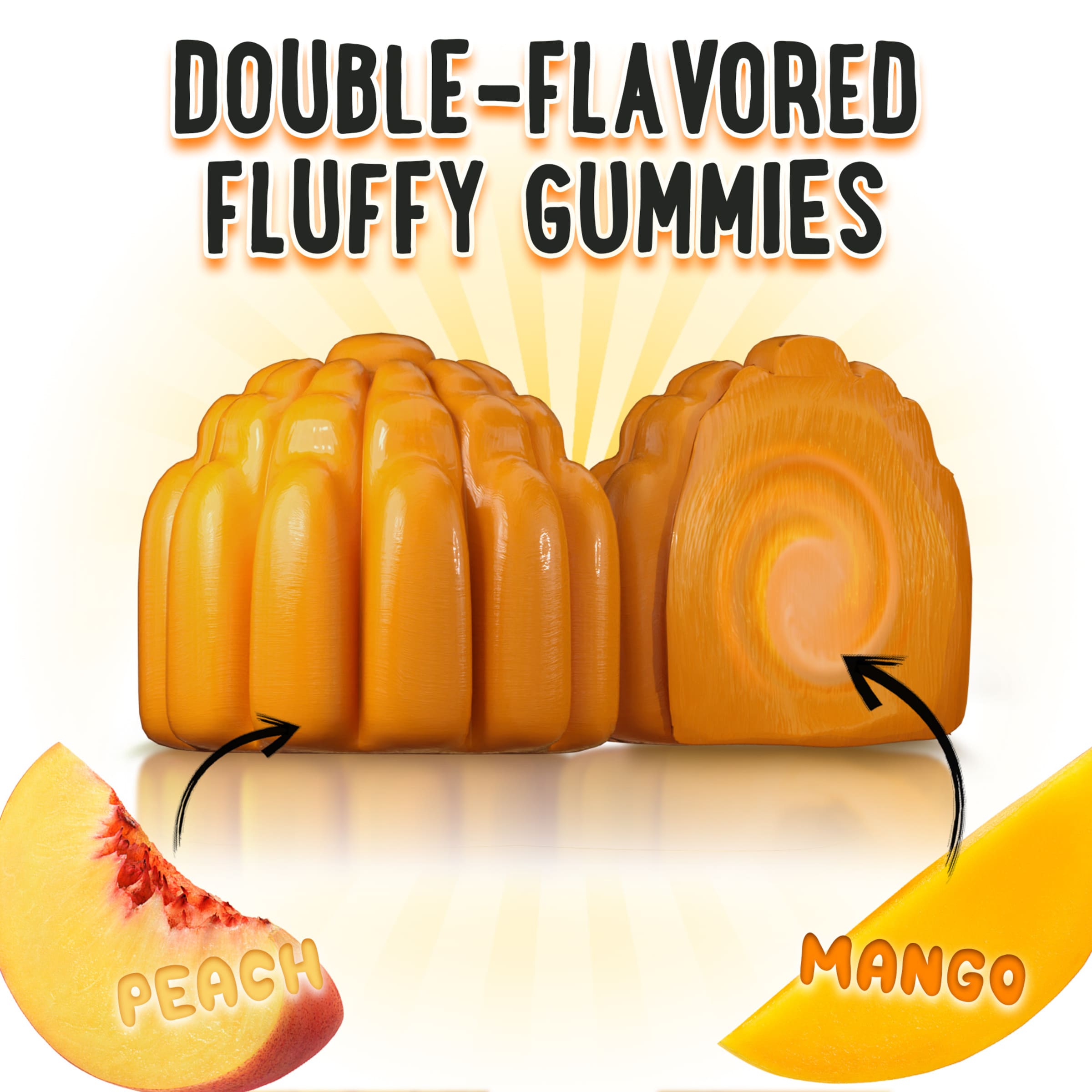 Oh My Chewy Bones & Growth , Height gummies for kids — double-flavored peach and mango vitamins with calcium, D3, and K2 for height and bone support.