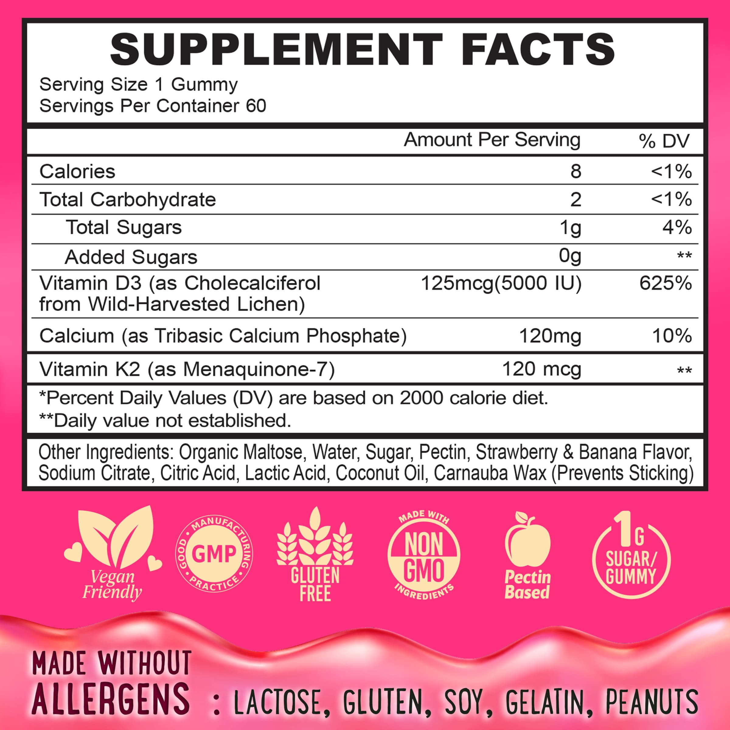 Supplement Facts Nutritional Facts D3K2 Gummies Strawberry & Banana