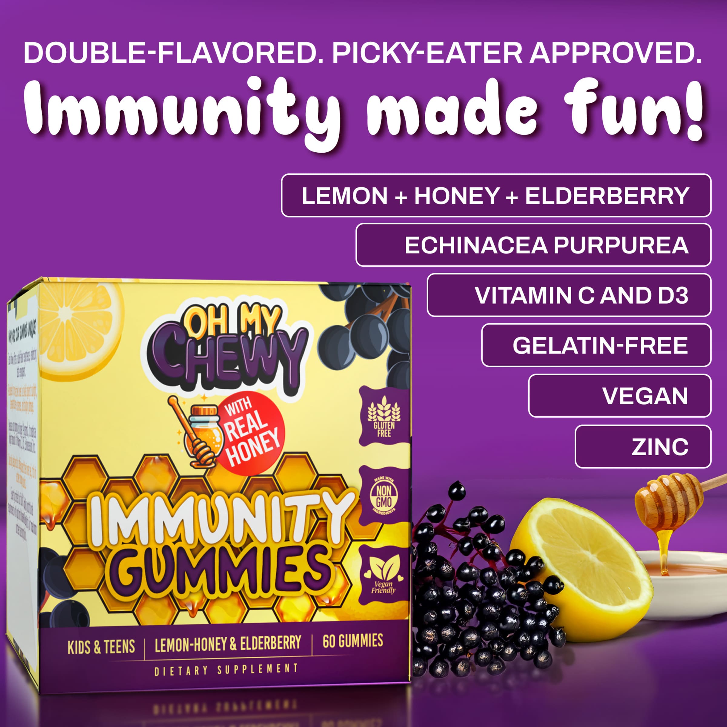Immunity Support Gummies Lemon-Honey&Elderberry with Vitamin C, Echinacea, Zinc
