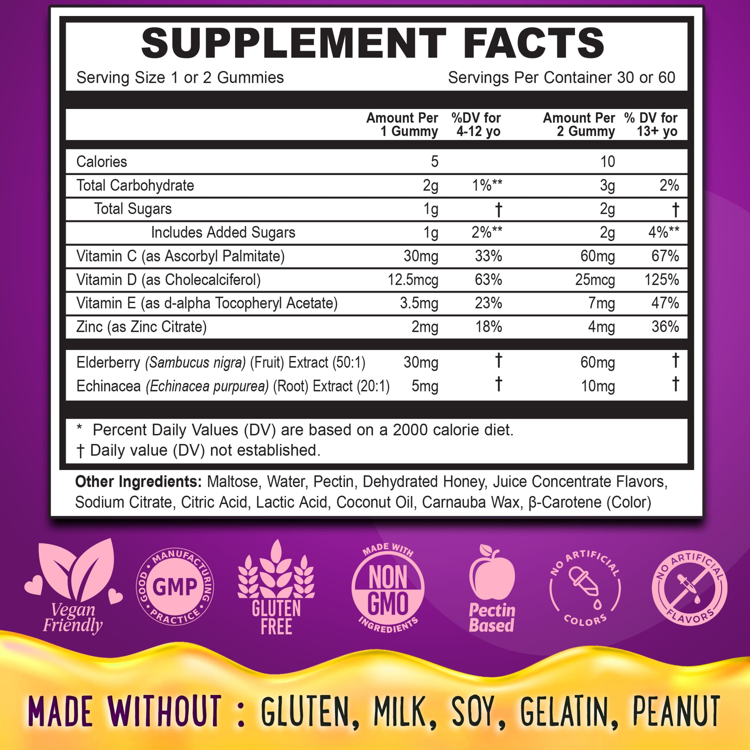 Immunity Support Gummies Lemon-Honey&Elderberry with Vitamin C, Echinacea, Zinc