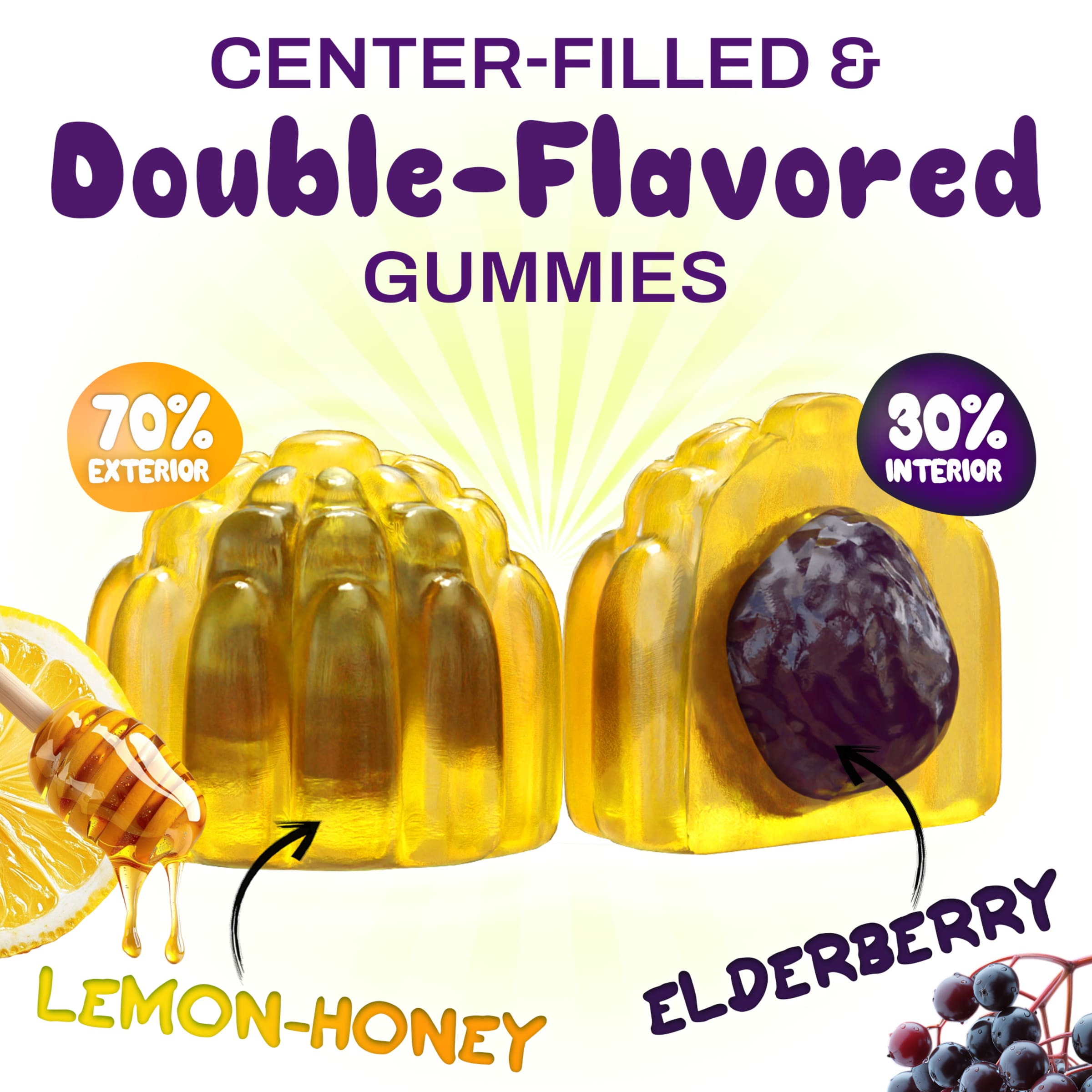 Oh My Chewy Immunity Support gummies with lemon-honey and elderberry flavors — center-filled vitamins with immune-boosting ingredients for kids and adults.