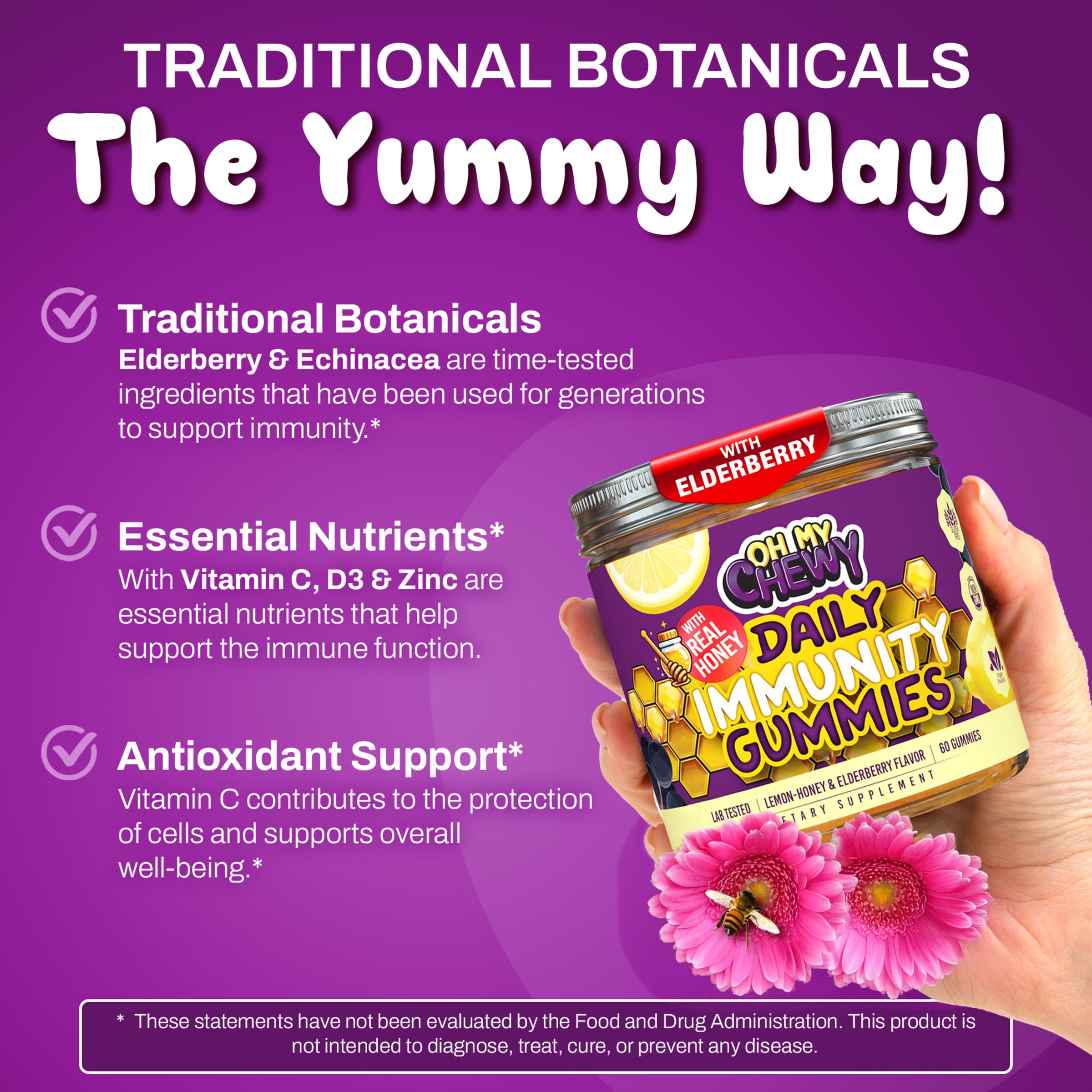 Immunity Support Gummies Lemon-Honey&Elderberry with Vitamin C, Echinacea, Zinc