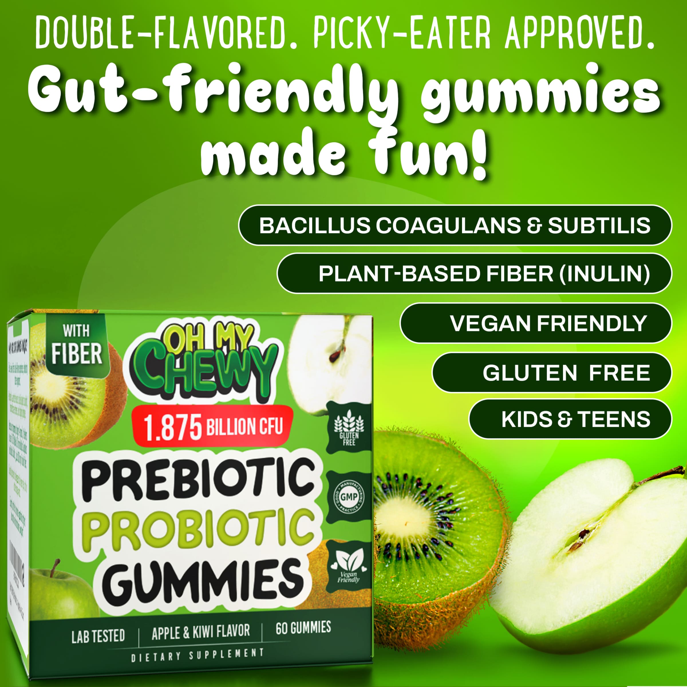 Oh My Chewy Probiotic & Prebiotic Gummies for Kids — apple and kiwi flavored, vegan, gluten-free, with plant-based fiber and 1.875 billion CFU for gut health.