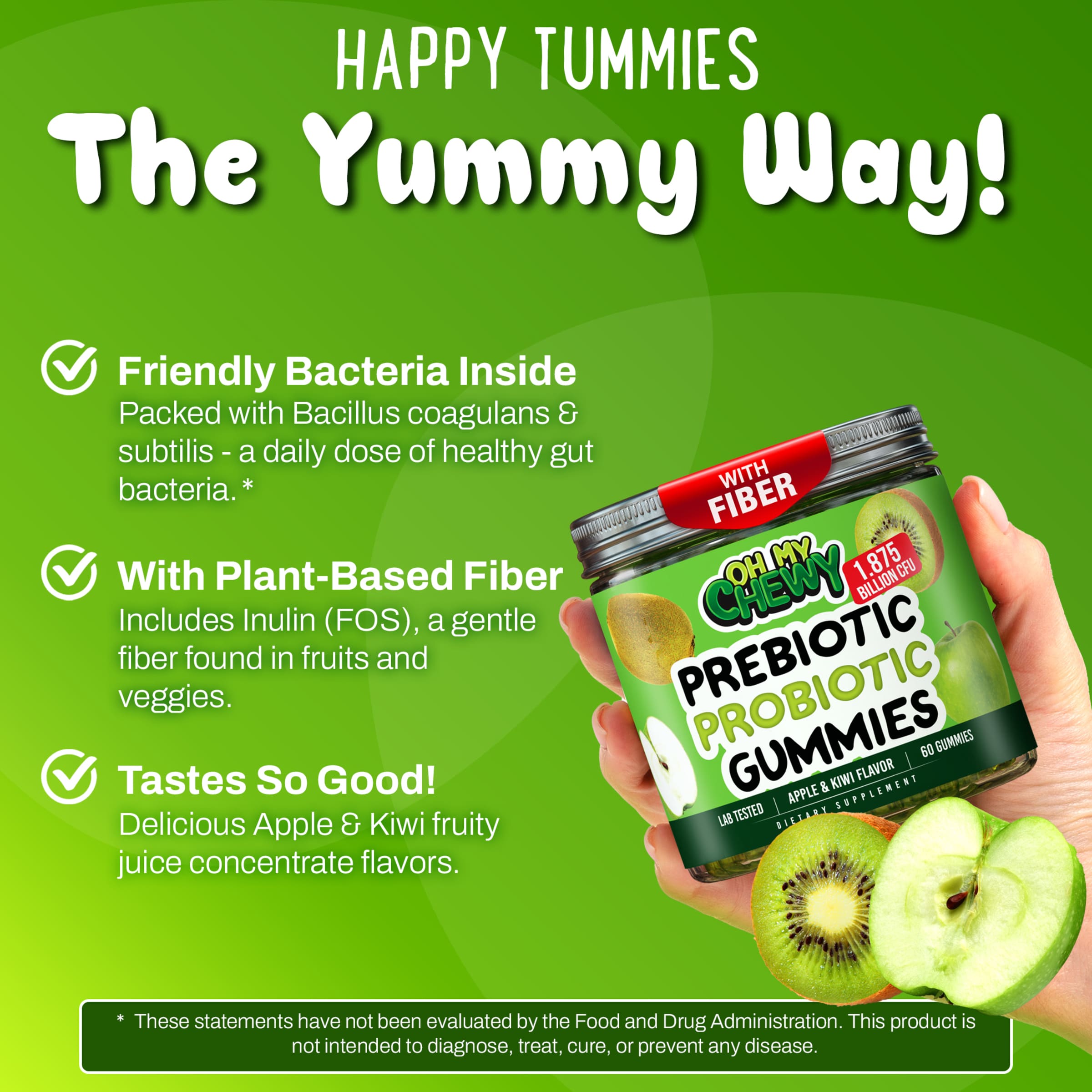 Oh My Chewy Prebiotic & Probiotic Gummies for Kids — with Bacillus coagulans, inulin fiber, and apple kiwi flavor for gut and digestive health.