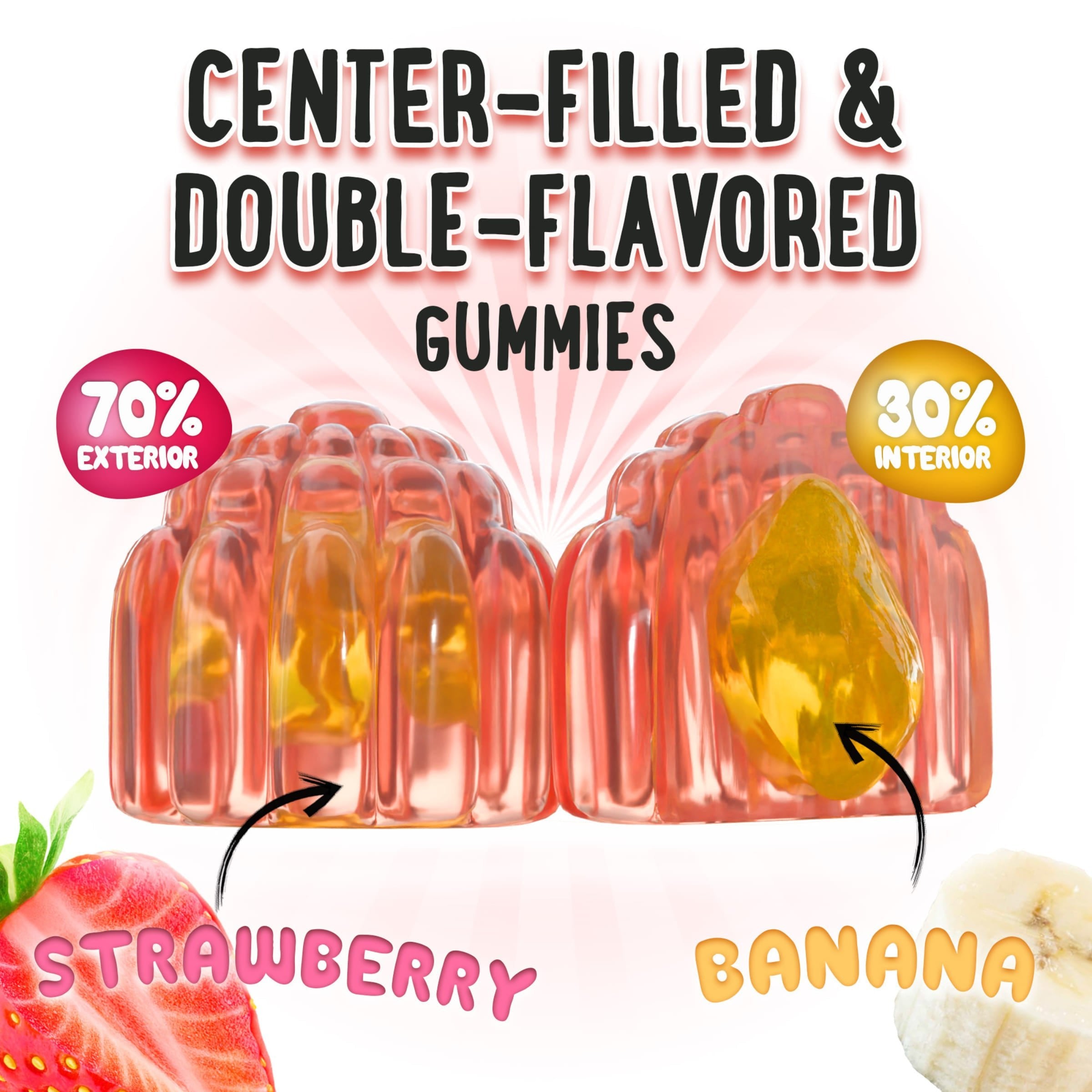 Oh My Chewy Magnesium Glycinate gummies 400mg with strawberry and banana flavors — center-filled, double-flavored vitamins for calm, sleep, and muscle support.