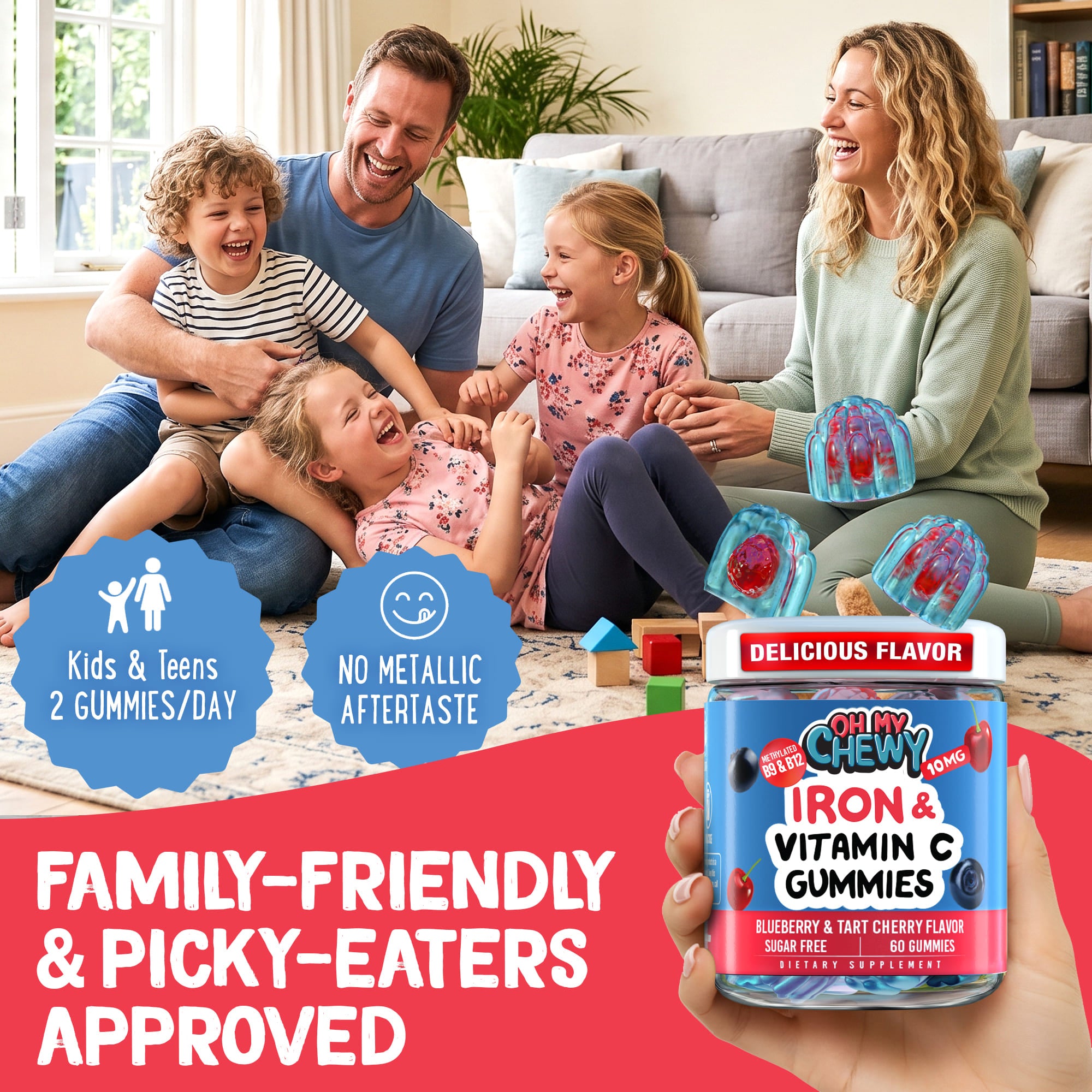 Happy family enjoying Oh My Chewy iron gummies, family-friendly formula for picky eaters aged 4 and up