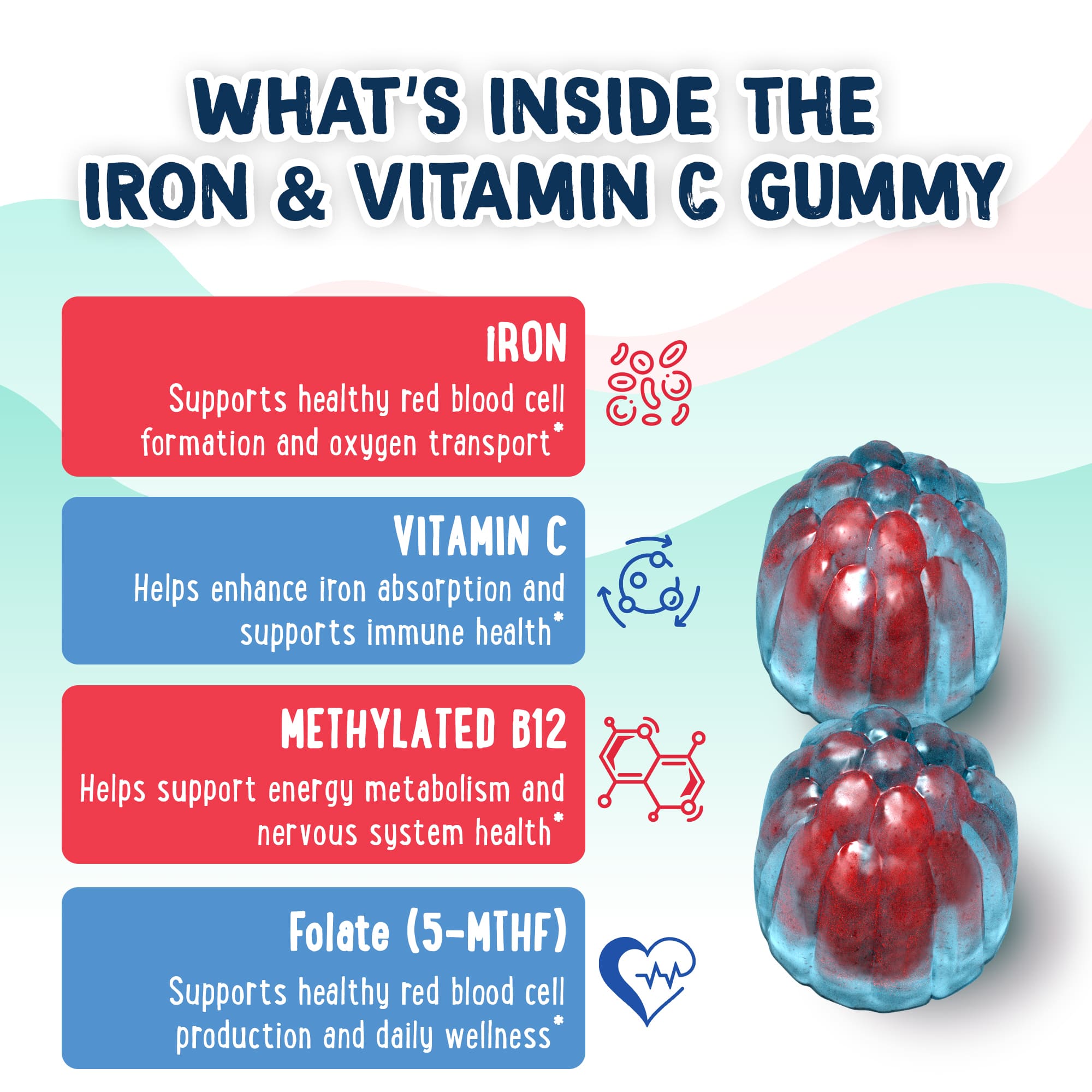 Inside Oh My Chewy iron gummies: elemental iron, Vitamin C, methylated B12, and 5-MTHF folate for family wellness