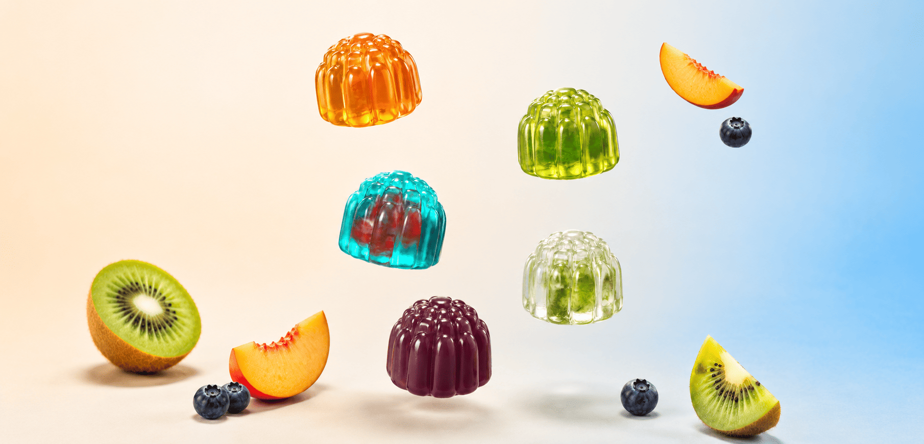 Oh My Chewy vitamin gummies featuring multiple fruit flavors in a premium wellness composition.
