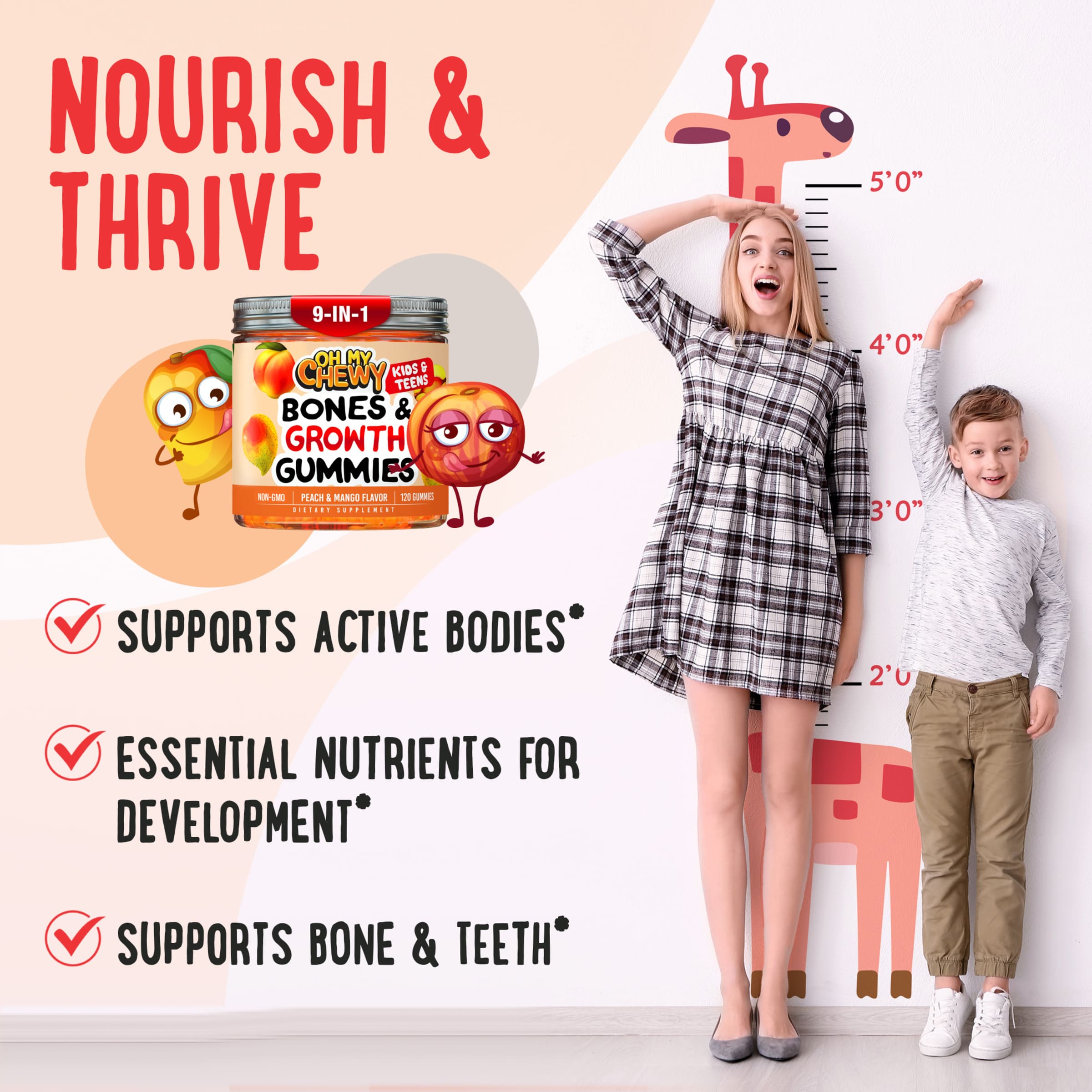 Kids measuring their height beside Oh My Chewy Bones & Growth gummies — peach and mango vitamins that support bone strength, growth, and development.