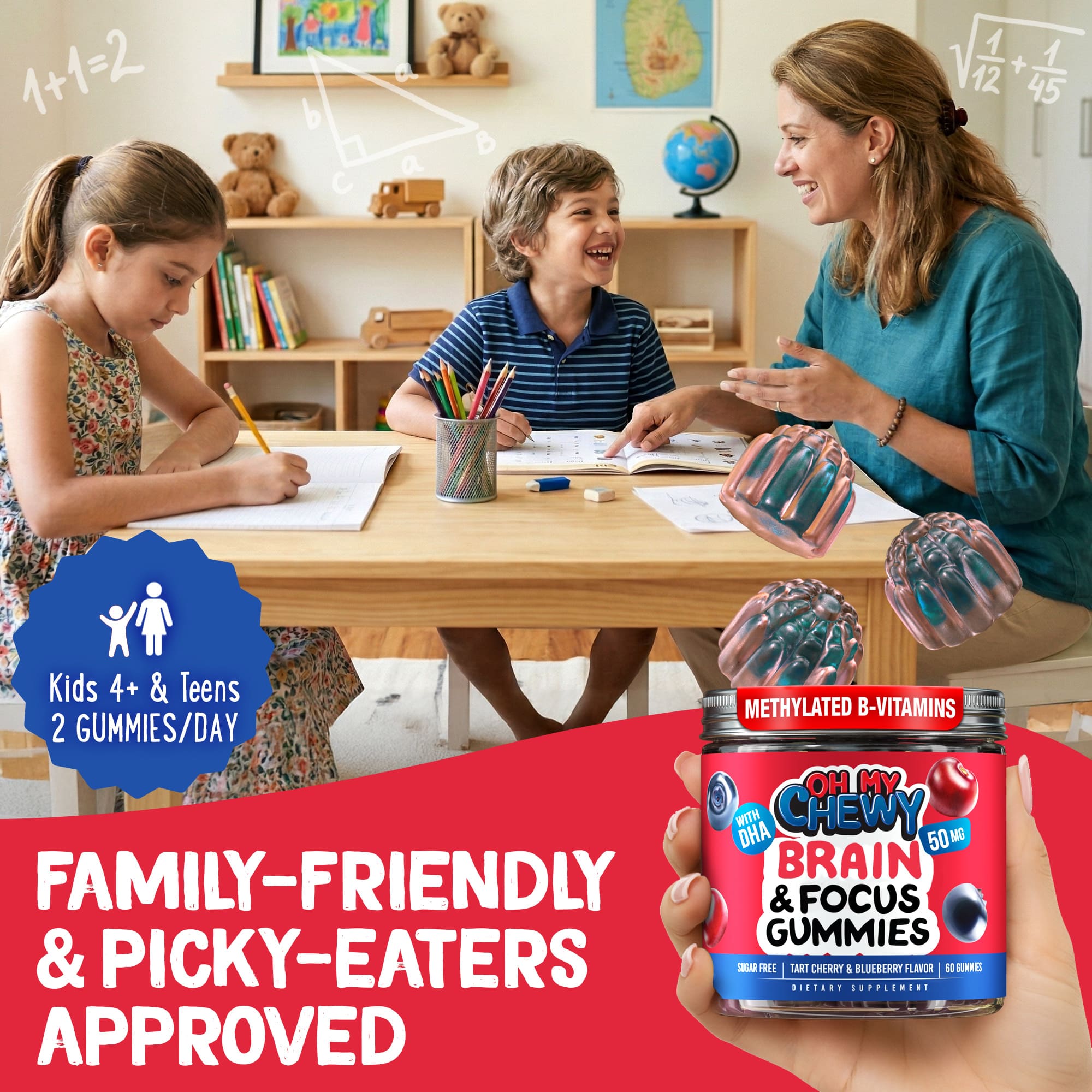 Kids doing homework with mom, Brain & Focus Gummies for family routines, ages 4 through teens