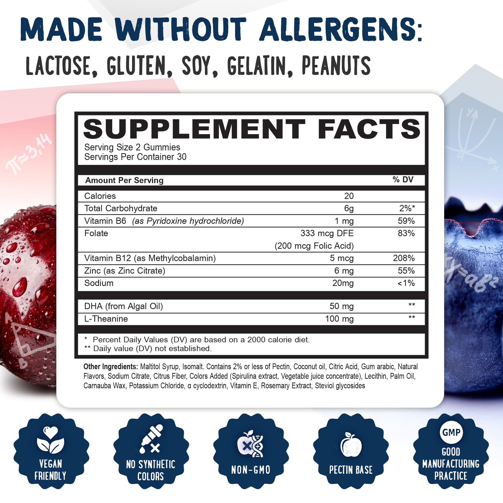 Brain & Focus Gummies supplement facts panel, vegan, non-GMO, gluten-free and GMP certified