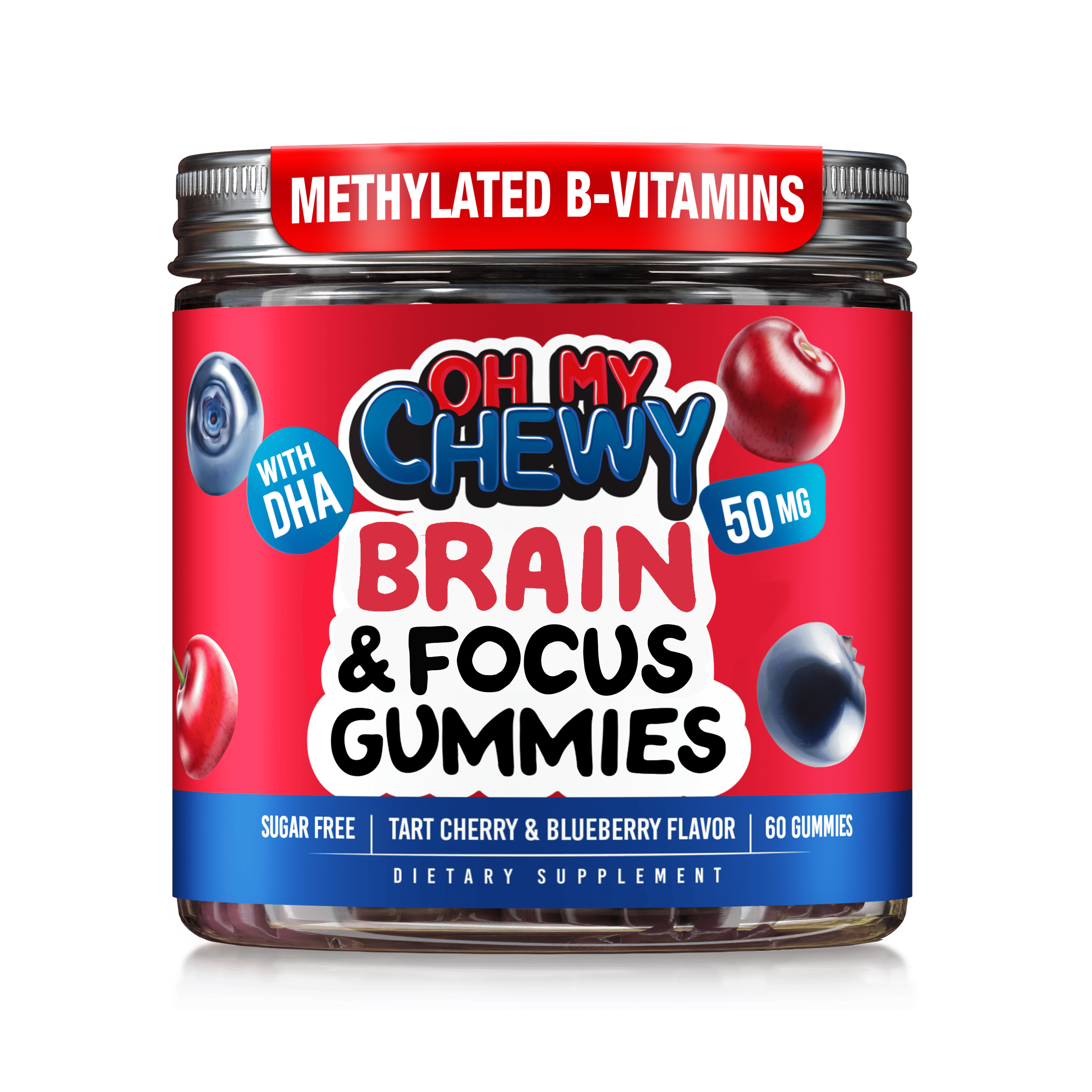 Oh My Chewy Brain & Focus Gummies with DHA 50mg and Methylated B-Vitamins, sugar-free, 60 count