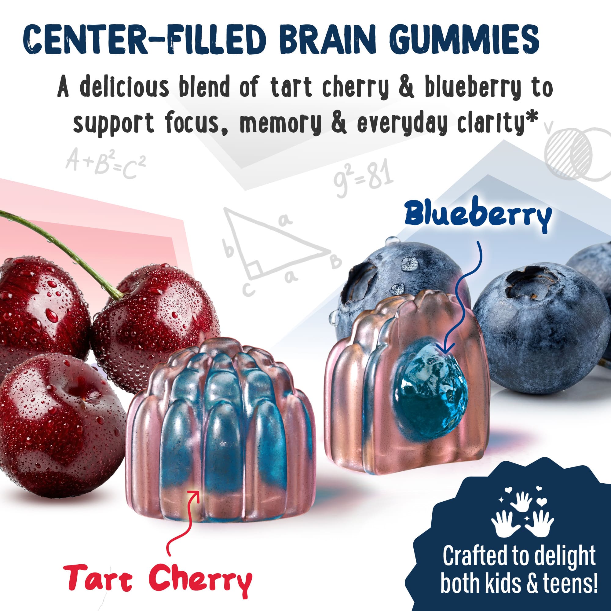 Center-filled kids brain gummy with tart cherry shell and blueberry liquid center for focus and memory
