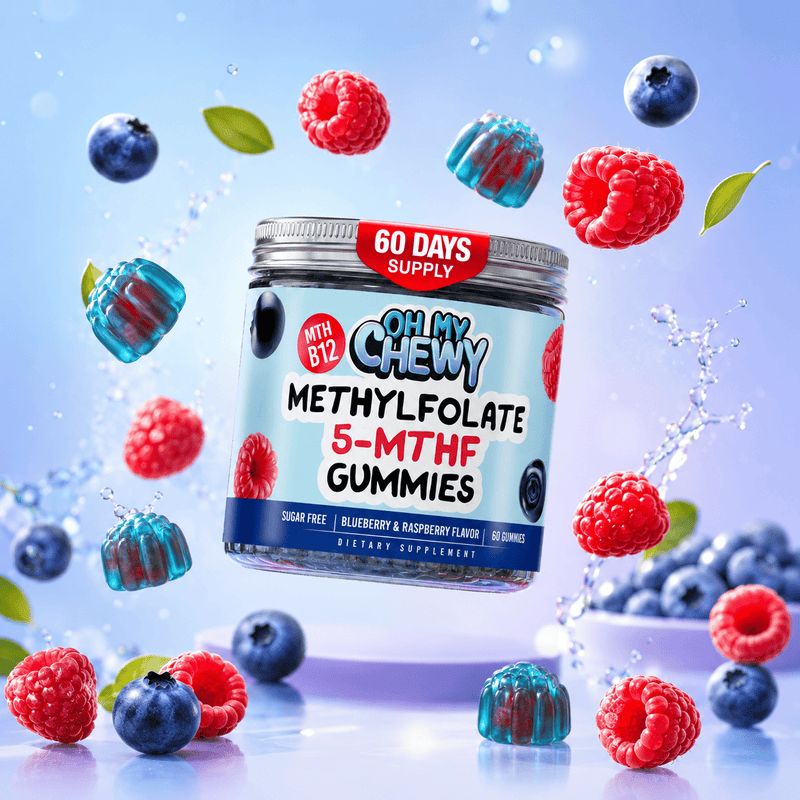 Oh My Chewy 5-MTHF Methylfolate Gummies jar with fresh blueberries, raspberries and center-filled gummies — sugar free, 60 day supply