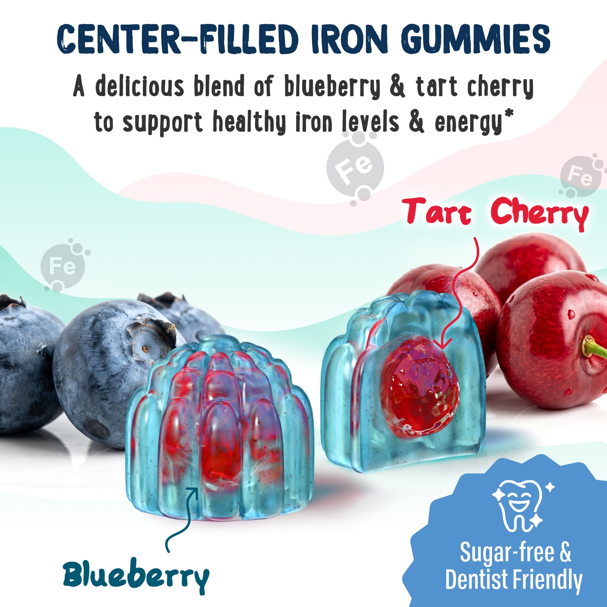 Center-filled iron gummies with blueberry outside and tart cherry inside, sugar-free and dentist-friendly