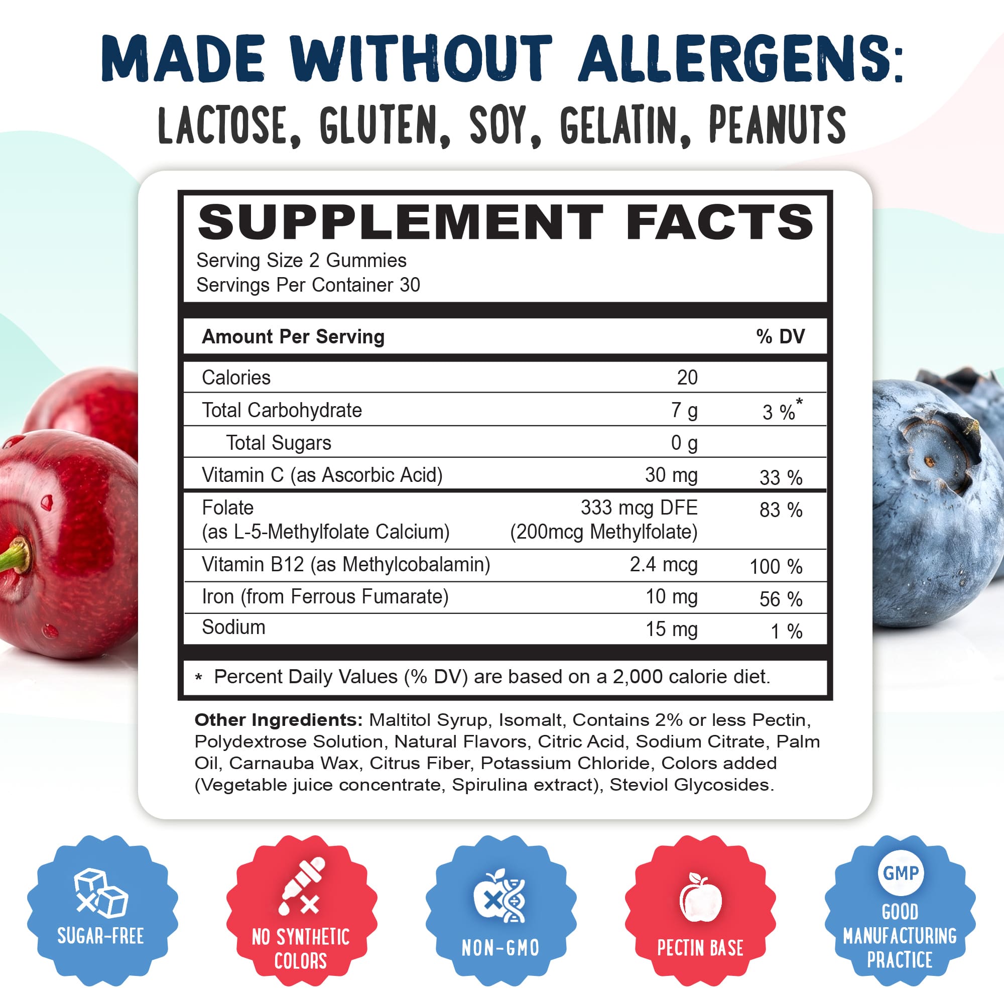 Oh My Chewy iron gummies supplement facts panel, allergen-free formula without lactose, gluten, soy, gelatin, or peanuts