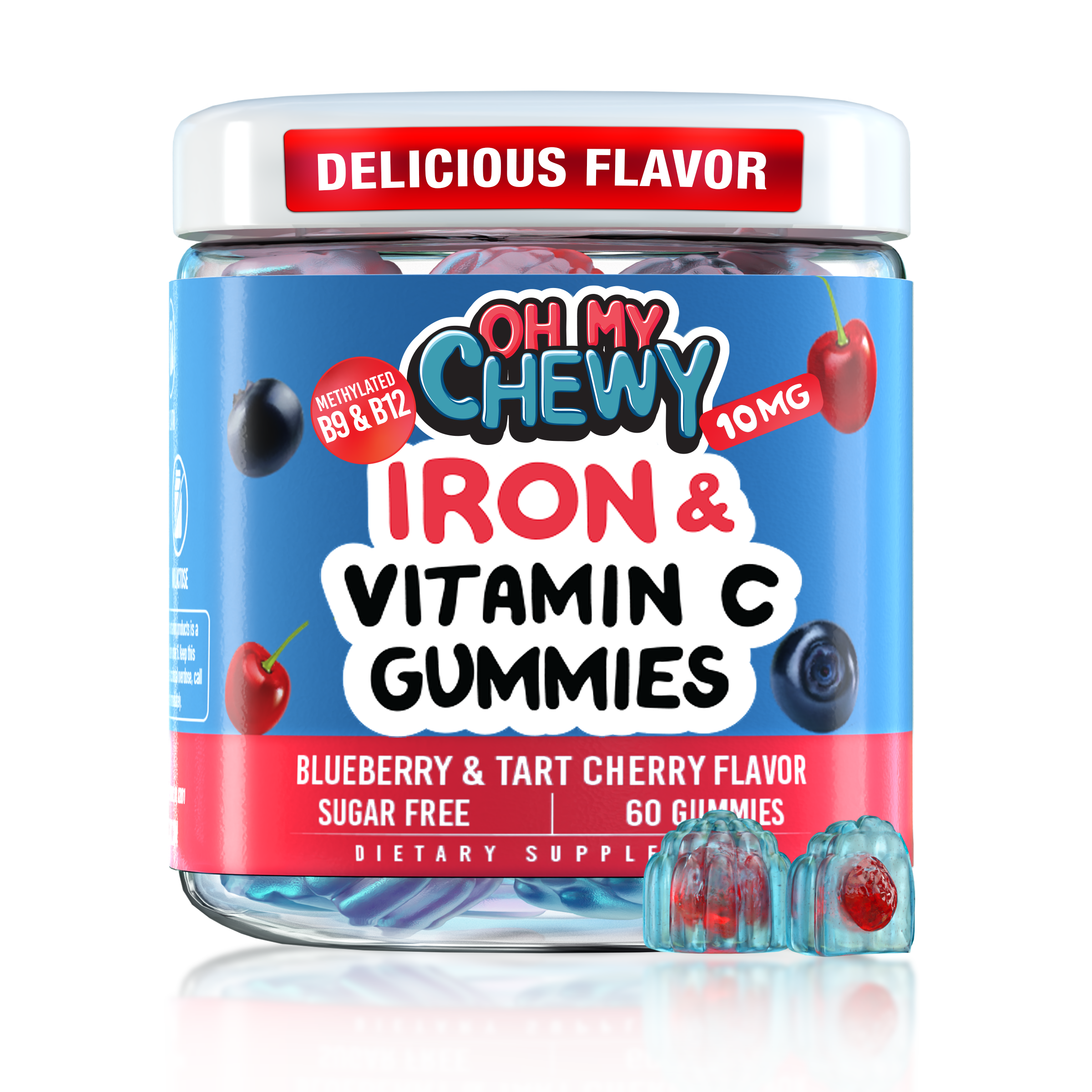 Oh My Chewy Iron and Vitamin C gummies 60-count bottle with methylated B9, B12, 10mg iron, blueberry and tart cherry flavor