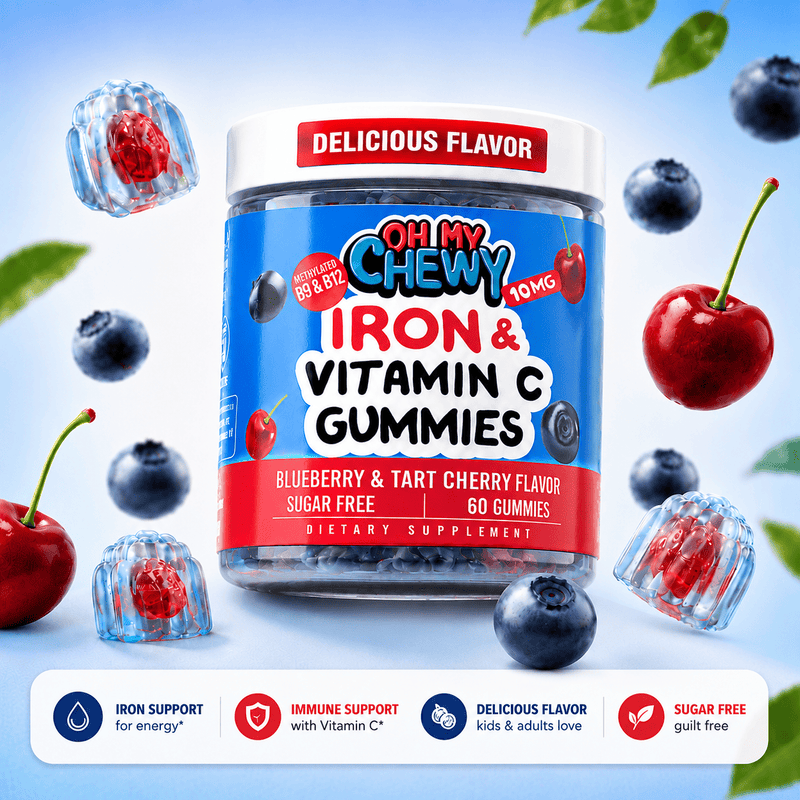 Oh My Chewy Iron and Vitamin C gummies bottle with blueberries and tart cherries, sugar-free family iron supplement